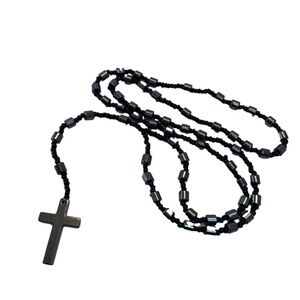 Black Hematite And Seed Beed Rosary with Cross